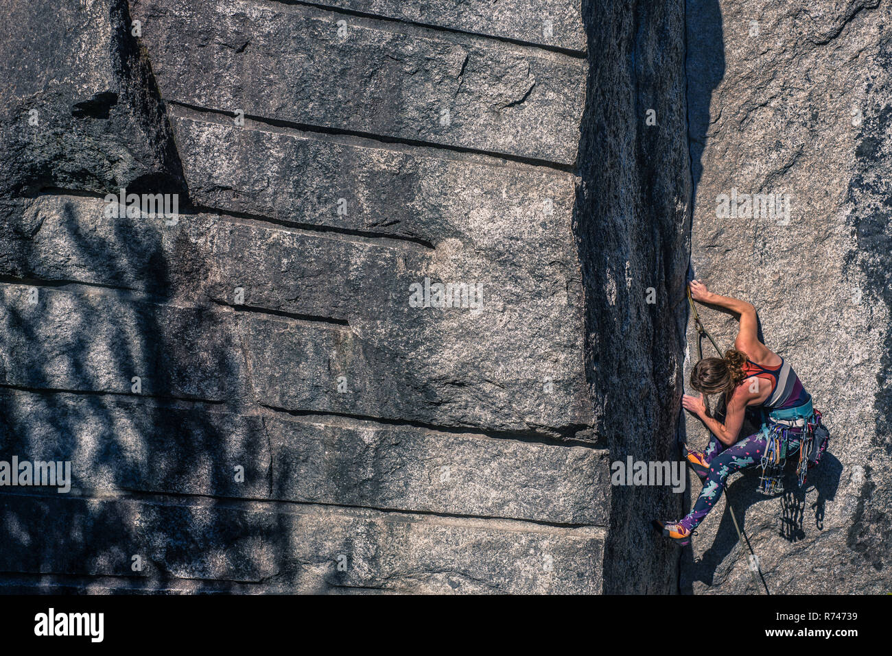 Junge weibliche Kletterer klettern Fels, Rauch Bluffs, Squamish, British Columbia, Kanada Stockfoto