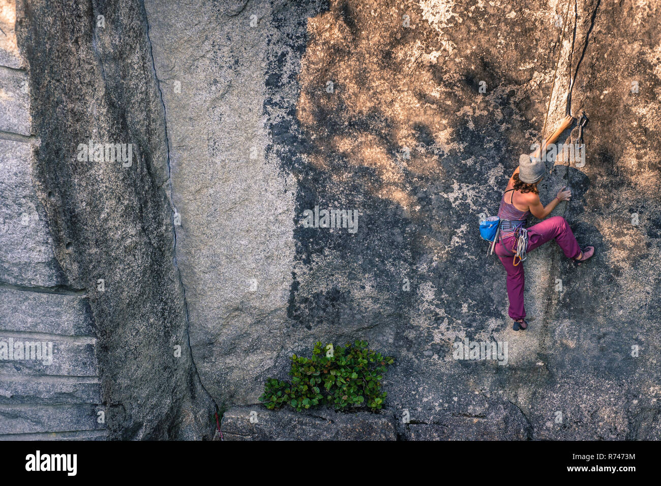 Junge weibliche Kletterer klettern Fels, Hohe Betrachtungswinkel, Rauch Bluffs, Squamish, British Columbia, Kanada Stockfoto