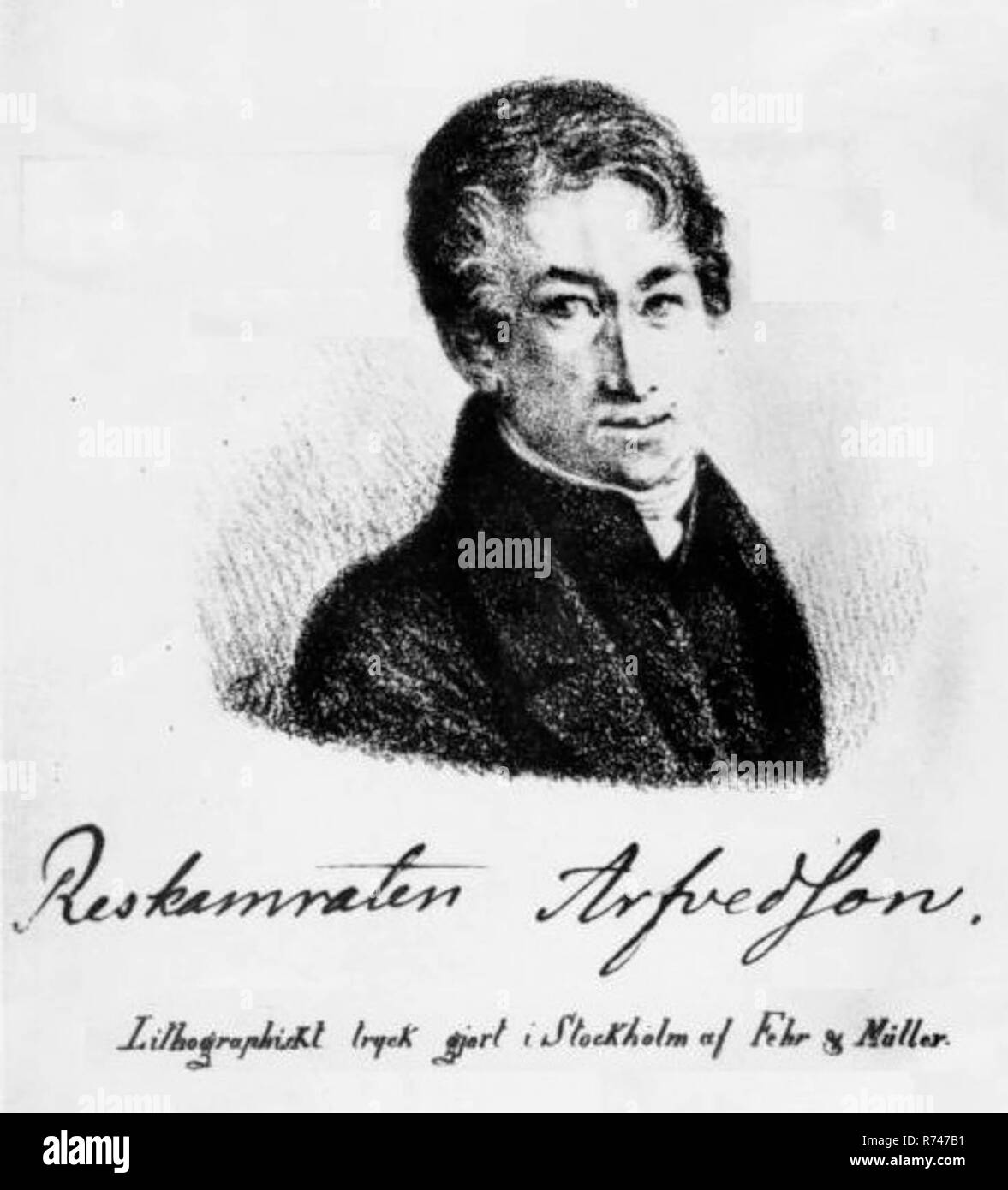 Lithographie von Johan August Arfwedson (1792-1841), der schwedische Entdecker von das chemische Element Lithium. J.J.Berzelius, der 1848 starb, kommentierte seine eigene Kopie, so dass die Lithographie vor 1849 gemacht wurde. Stockfoto