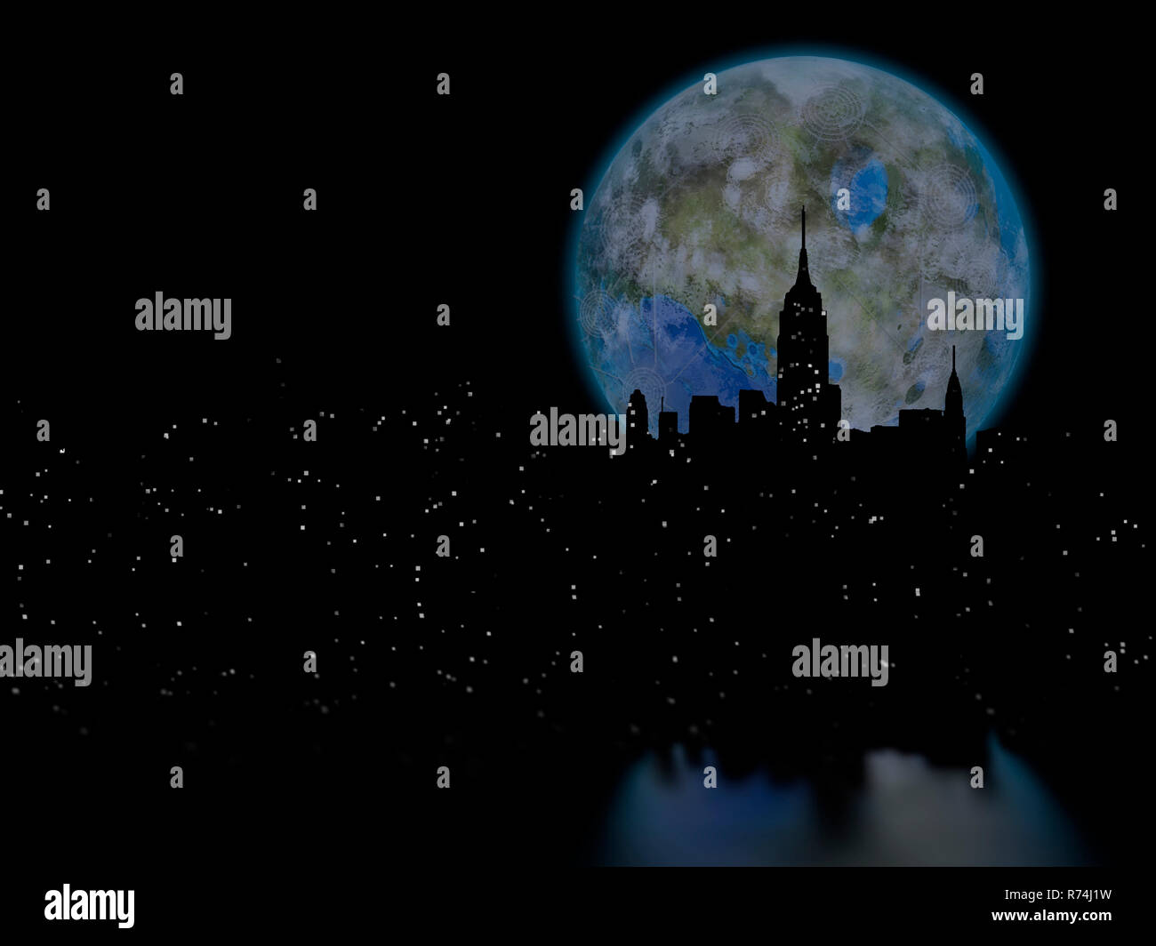 Terraformed Mond über Nacht Stadt. Stockfoto