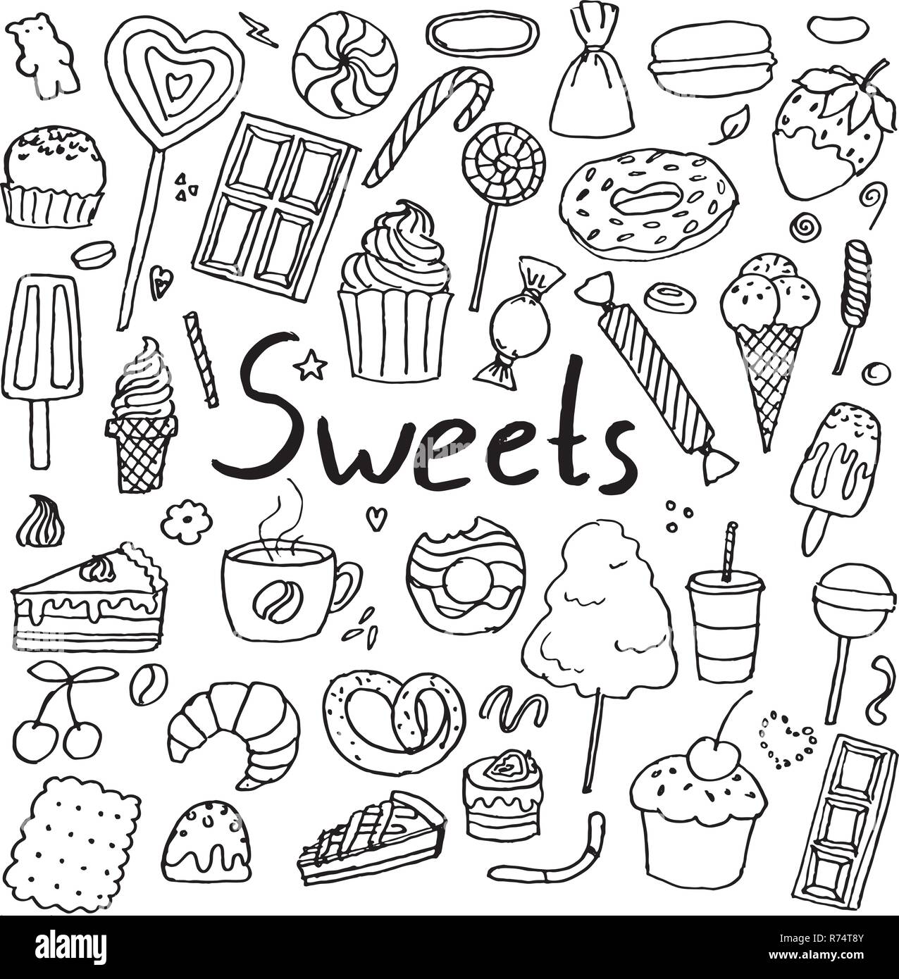 Satz von Hand gezeichnet doodle Süßigkeiten. Schokolade, Süßigkeiten, Kuchen, Eis und andere. Sammlung von Design-elemente Stock Vektor