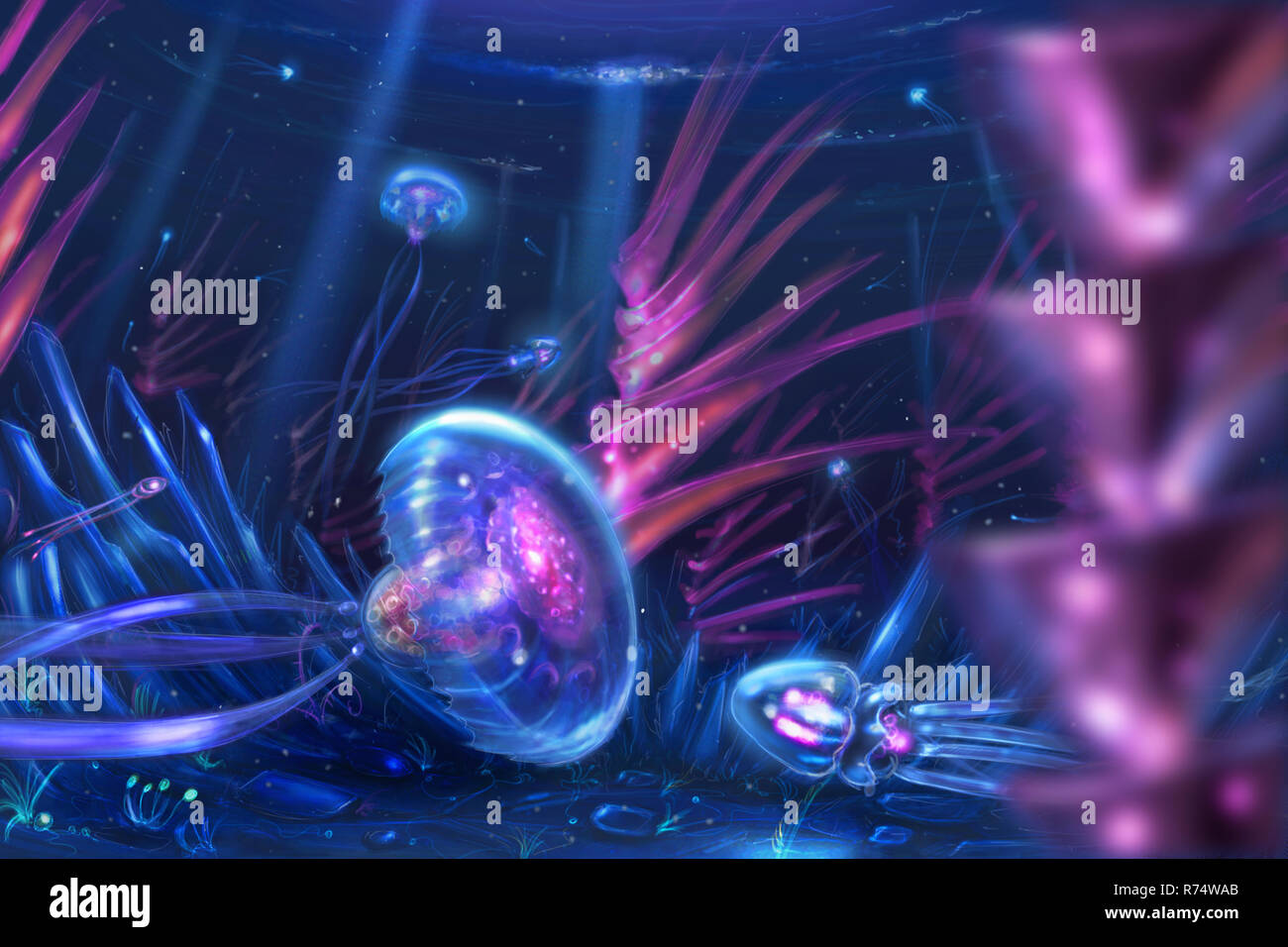 Concept Art traumhafte Fantasy Gemälde von Quallen Kreaturen Schwimmen im Ozean Stockfoto