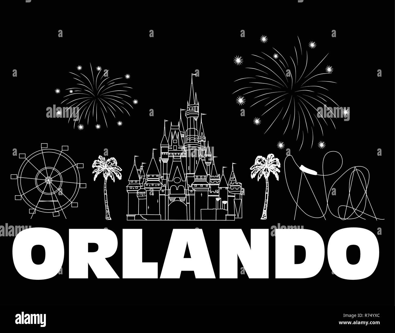 Orlando, weisser Schrift auf schwarzem Hintergrund. Vektor mit Reisen Symbole und Feuerwerk. Reisen Postkarte.. Stock Vektor