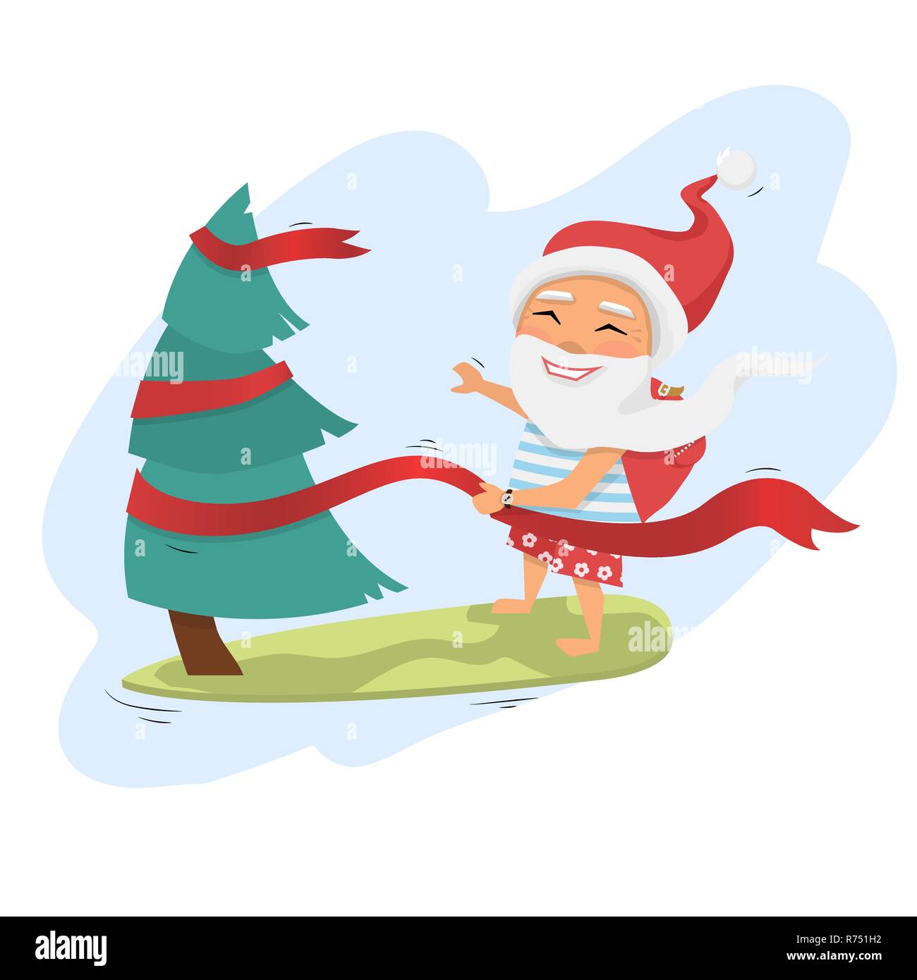 Santa Claus auf Surfboard Holding Weihnachtsbaum von Ribbon mit Geschenken im Rucksack über weiß Zeichentrickfigur Santa Claus. Frohe Weihnachten isoliert Ein Stock Vektor
