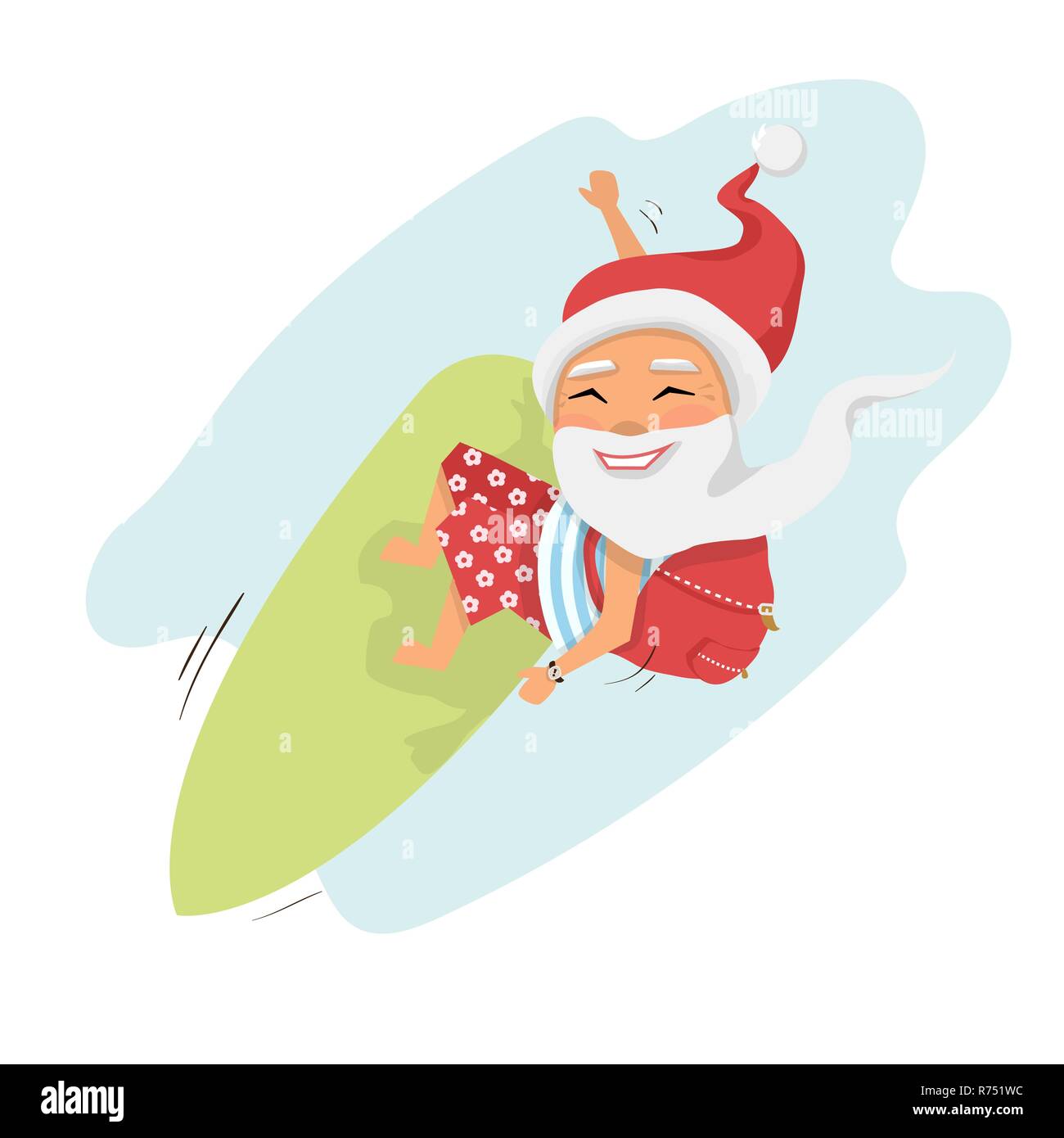 Santa auf Surfboard mit Geschenken im Rucksack über weiß Zeichentrickfigur Santa Claus. Frohe Weihnachten und ein glückliches Neues Jahr Hintergrund isoliert Stock Vektor