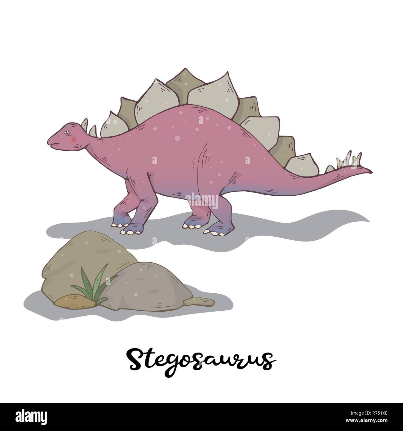 Stegosaurus und Stein mit Anlage auf einem weißen Hintergrund isoliert. Wilde Kreatur predator. Dinosaurier. Reptil Tier. Jurassic Charakter Stock Vektor