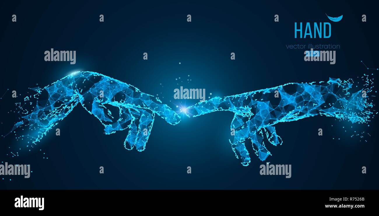 Abstrakte zwei Händen rührende Momente von Teilchen, Linien und Dreiecken auf blauem Hintergrund. Technologie. Elemente auf einem separaten Schichten Farbe kann auf einen beliebigen anderen auf einen Vektor Illustration geändert werden Stock Vektor