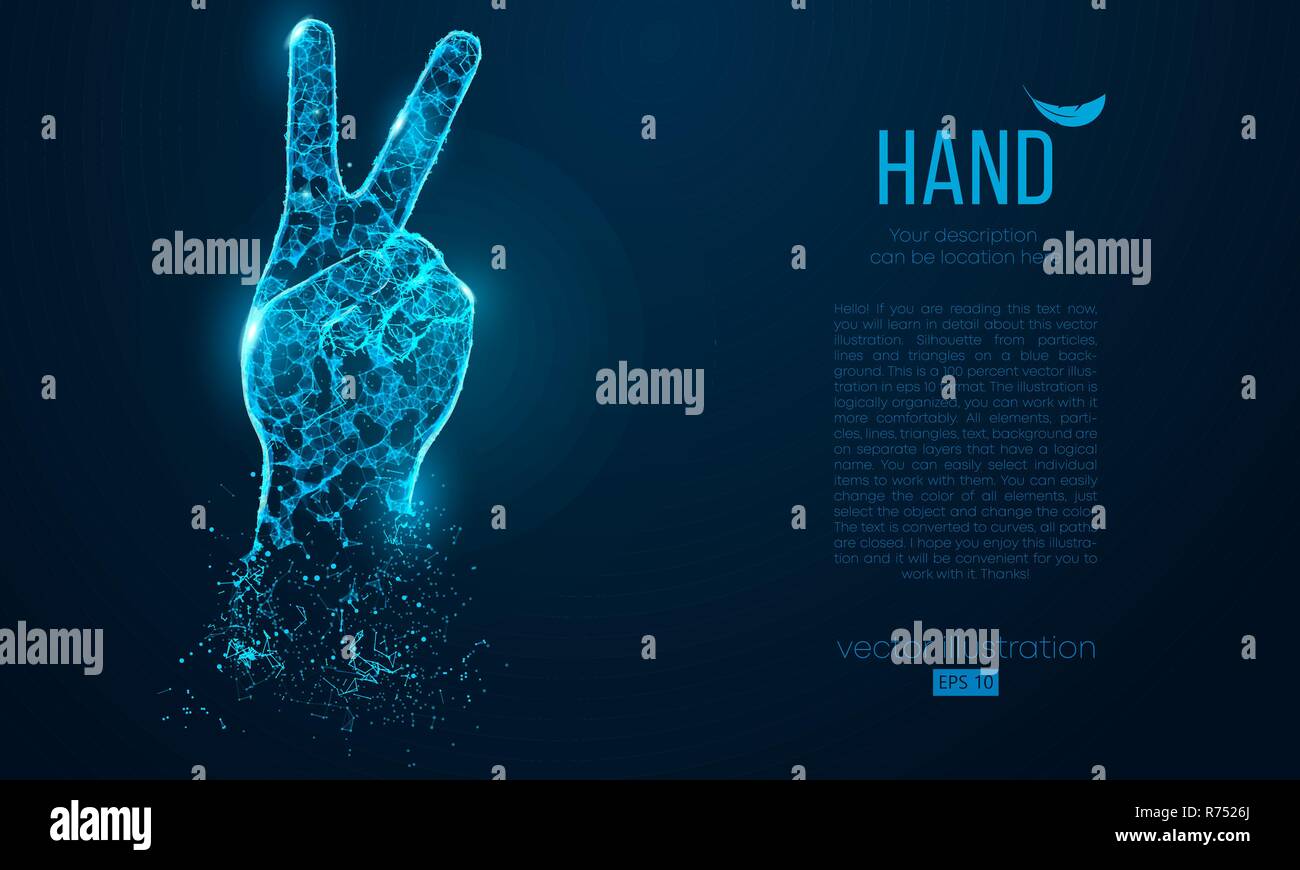 Abstrakte Silhouette der Hand zwei Finger, Sieg Symbol aus Teilchen Dreiecke auf blauem Hintergrund. Elemente auf einem separaten Schichten Farbe kann mit einem Klick an Andere geändert werden. Vector Illustration Stock Vektor