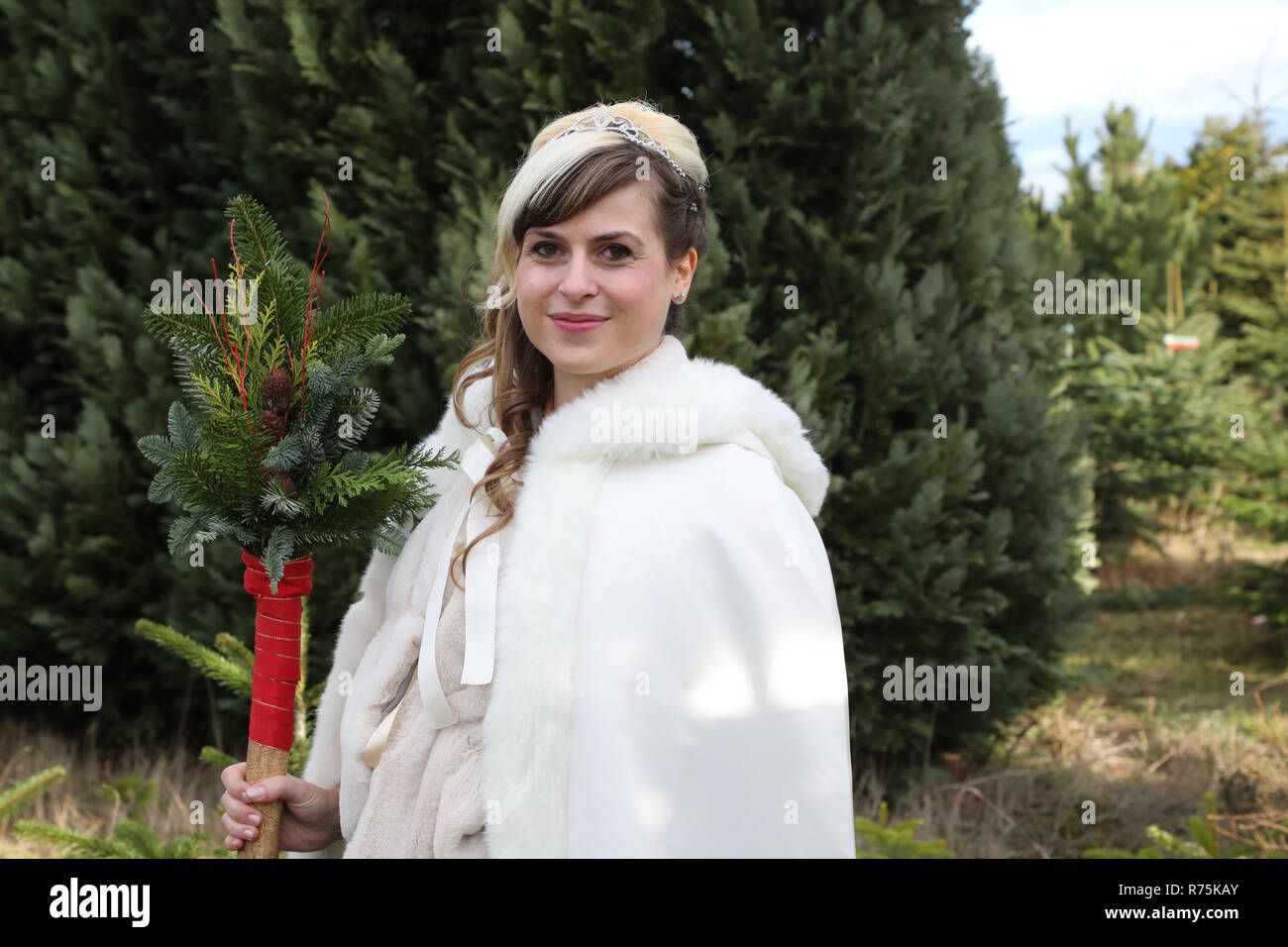 Erfurt, Deutschland. 08 Dez, 2018. Weihnachtsbaum Königin Marie I. (Marie Greskowiak) steht in einem Weihnachtsbaum Pflege in der Gärtnerei Carl. Jedes Jahr am zweiten Wochenende im Advent, der Thüringer Weihnachtsbaum Königin ist hier gekrönt. Credit: Bodo Schackow/dpa-Zentralbild/dpa/Alamy leben Nachrichten Stockfoto