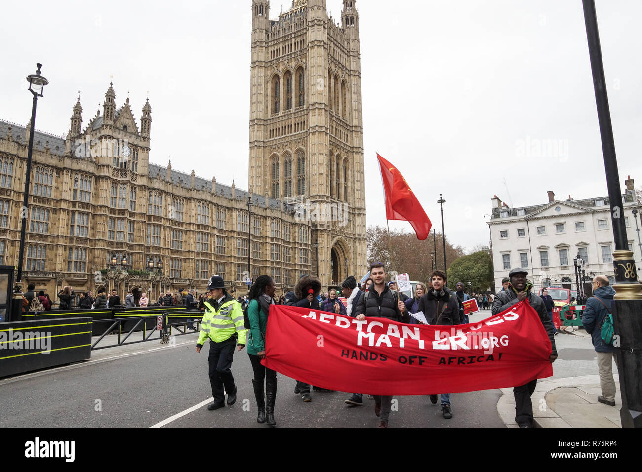 London, Großbritannien. 8. Dezember 2018. Schwarze Leben, März bis zum Libyschen Botschaft. Protest gegen den modernen Sklavenhandel geht von Smith Square des Fco und der libyschen Botschaft. Rettungsschwimmer Pferd von der Demonstrant Flagge erschrocken. Veteran Demonstrant Niall Horan fragte nach dem Weg. Liebe Lion reagiert auf Kamera. © Peter Hogan/Alamy leben Nachrichten Stockfoto