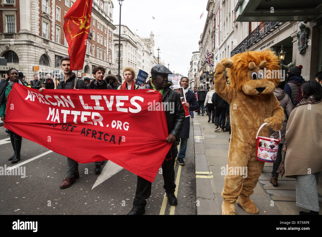 London, Großbritannien. 8. Dezember 2018. Schwarze Leben, März bis zum Libyschen Botschaft. Protest gegen den modernen Sklavenhandel geht von Smith Square des Fco und der libyschen Botschaft. Rettungsschwimmer Pferd von der Demonstrant Flagge erschrocken. Veteran Demonstrant Niall Horan fragte nach dem Weg. Liebe Lion reagiert auf Kamera. © Peter Hogan/Alamy leben Nachrichten Stockfoto