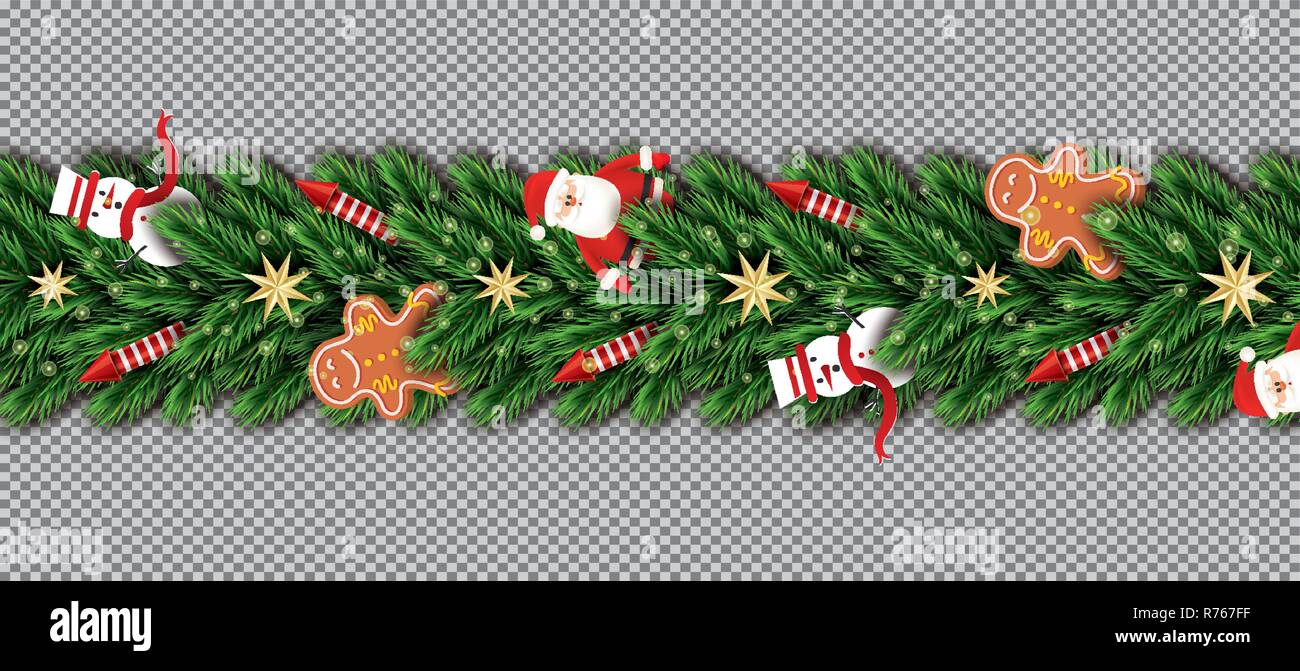 Grenze mit Weihnachtsmann, Weihnachtsbaum, Zweige, goldene Sterne, rote Raketen, Schneemann und Gingerbread Man auf transparentem Hintergrund. Vektor. Stock Vektor