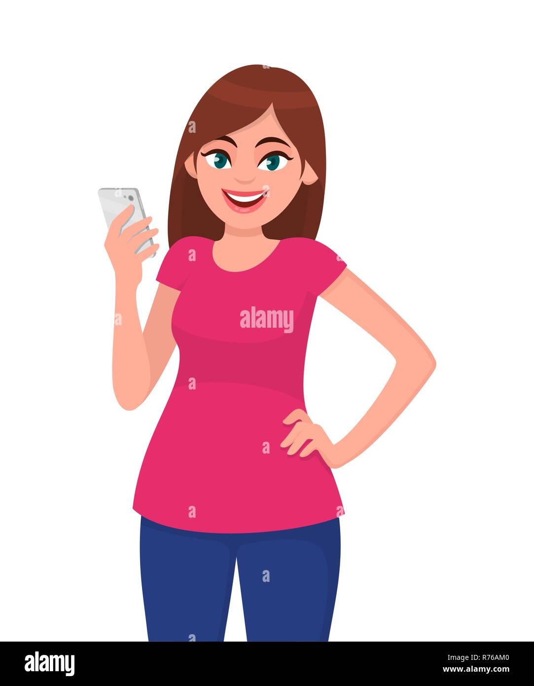 Lächelnd schöne junge Frau mit Smart Phone während die Hand auf die Hüfte und vor weißem Hintergrund. Moderner Lifestyle und Kommunikation Stock Vektor
