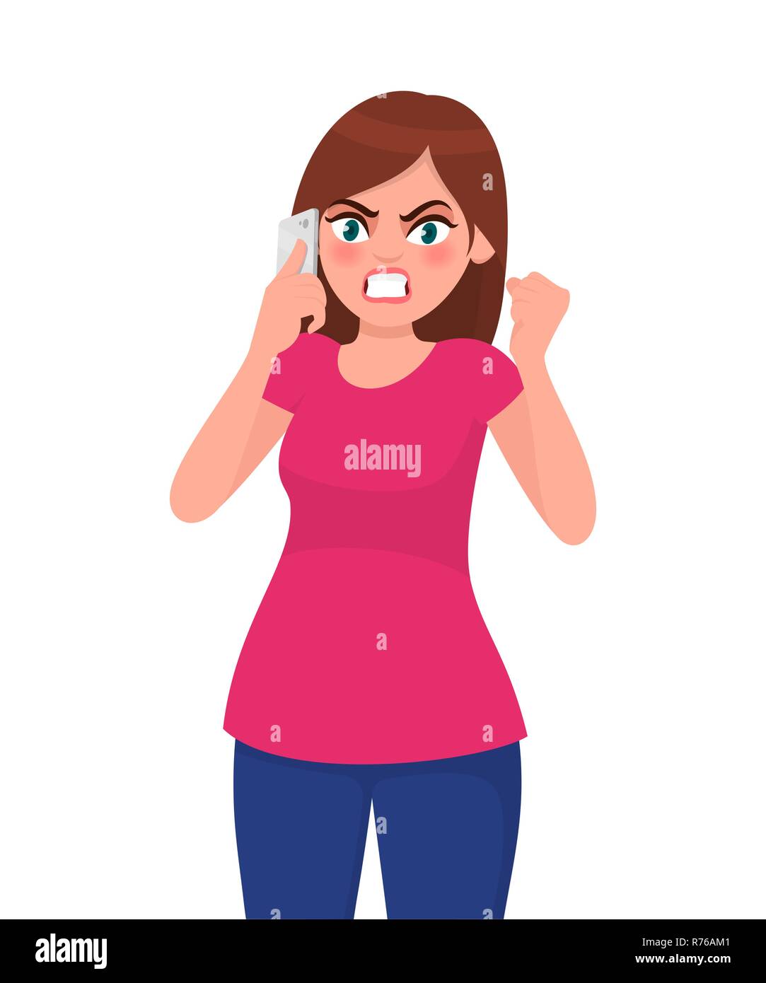 Angry Young Woman auf Smart Phone und Schreien. Moderner Lifestyle und Kommunikation Konzept Abbildung in Vektor cartoon Flat Style. Stock Vektor