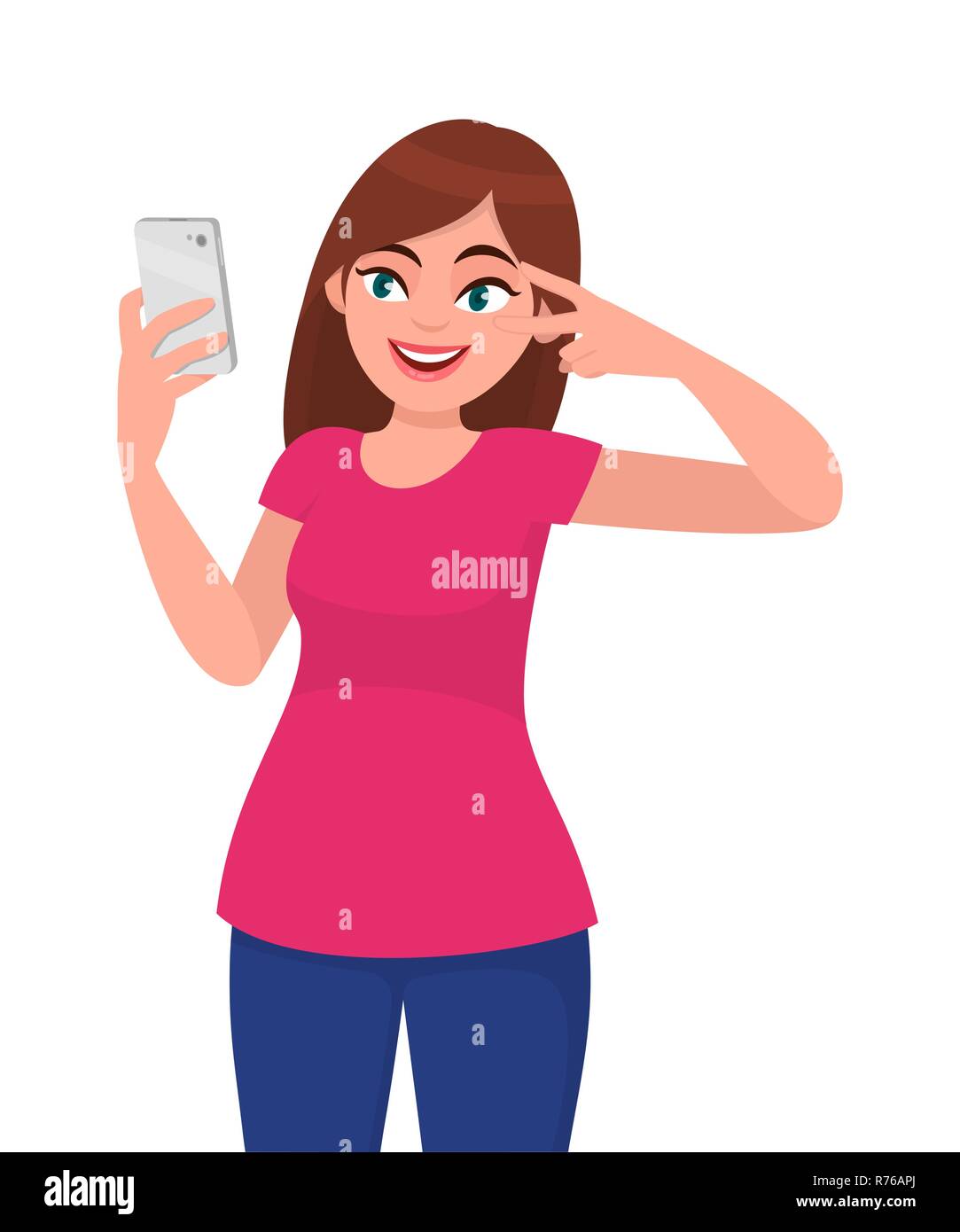 Glücklich lächelnde junge Frau unter selfie und gestikulierend Frieden oder Sieg Schild in der Nähe des Auges. Moderner Lifestyle und Kommunikation, menschliche Emotionen konzept i Stock Vektor