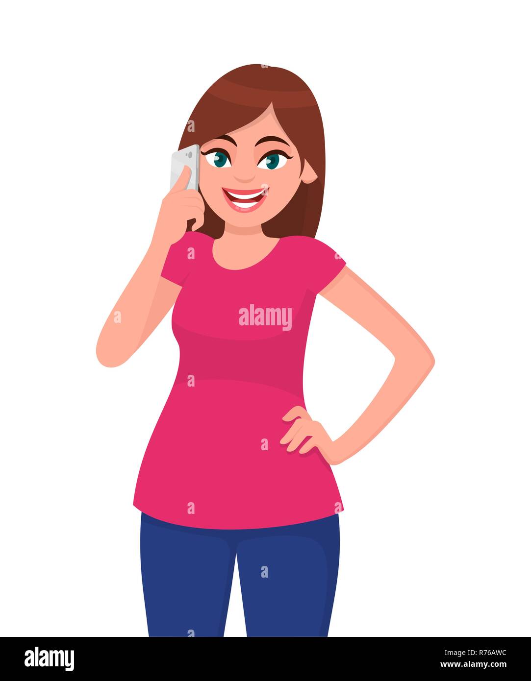 Lächelnd schöne junge Frau mit Smart Phone während die Hand auf der Hüfte, vor weißem Hintergrund. Moderner Lifestyle und Kommunikation Stock Vektor