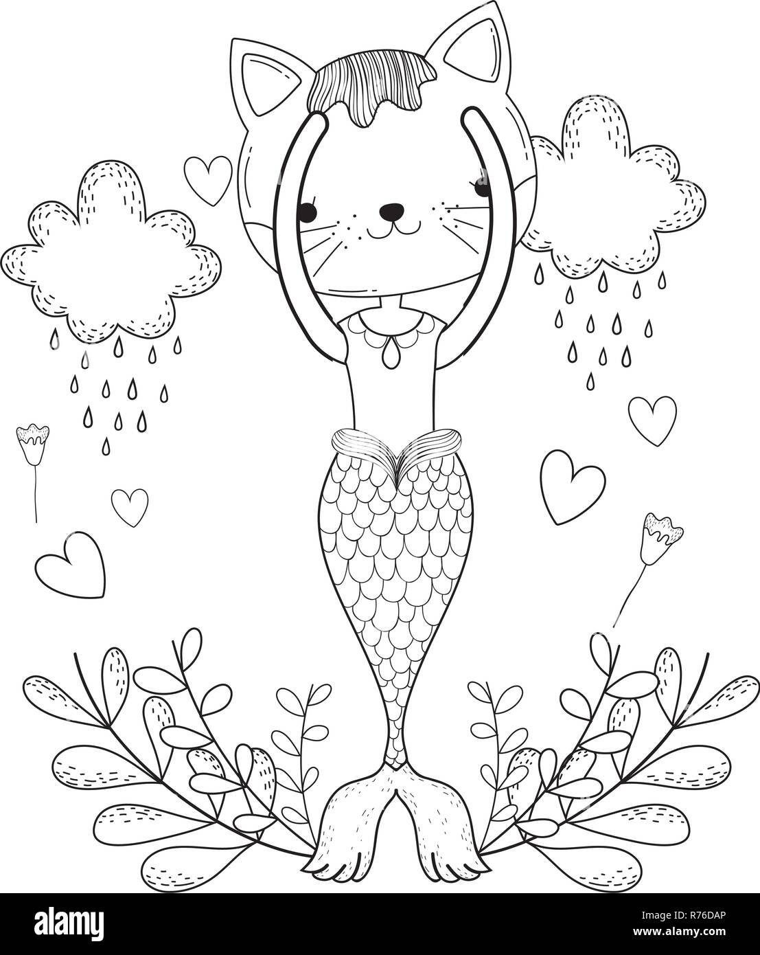 Purrmaid mit Wolken und Blumenschmuck Stock Vektor