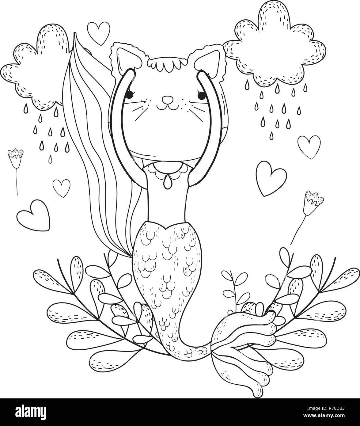 Purrmaid mit Wolken und Blumenschmuck Stock Vektor