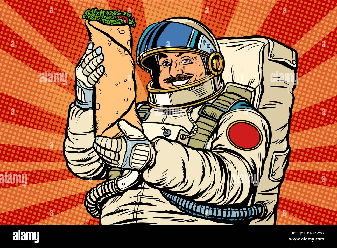 Mustachioed Astronaut mit Shawarma Döner Kebab Stockfoto