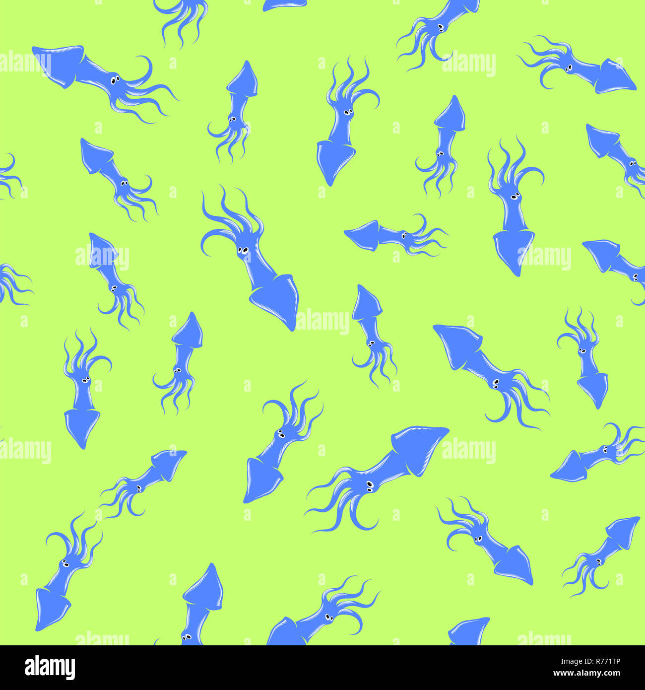 Europäische Squid Silhouette nahtlose Muster auf gelben Hintergrund. Cute Meeresfrüchte. Tier unter Wasser. Sea Monster Stockfoto