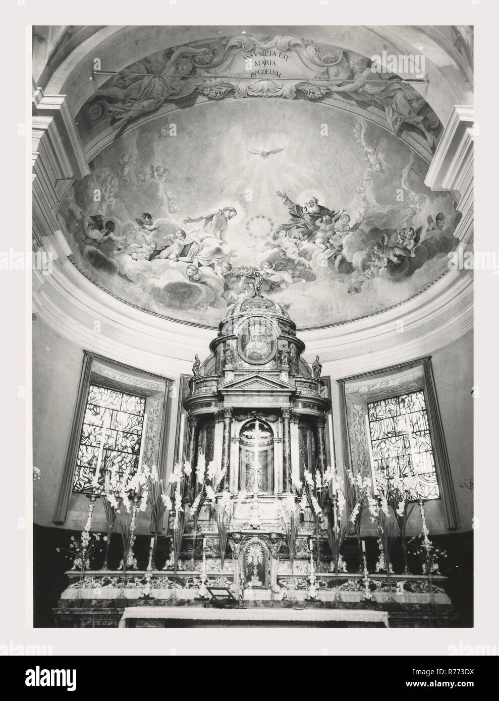 Umbrien Terni Terni S. Maria Assunta, den Dom, das ist mein Italien, die italienische Land der visuellen Geschichte, Aussicht auf die barocke Fassade, Kirchturm, Portico, Blinden gotischen Portal mit einem vinescroll Archivolte, und bewahrt das Hauptportal mit einer bewohnten vinescroll Architrav. Blick auf den Innenbereich Hauptaltar Marmor Ziborium und Altar Gemälde der Himmelfahrt der Jungfrau Hälfte-kuppel Fresko der Dreifaltigkeit mixed media Altarbild durch ein hölzernes Kruzifix auf ein Gemälde der Kreuzigung mit der Heiligen Maria und Maria Magdalena fresco Fragmente des heiligen Abtes Antonius Orgel von Bernini hung gebildet, und verschiedene Farbe Stockfoto