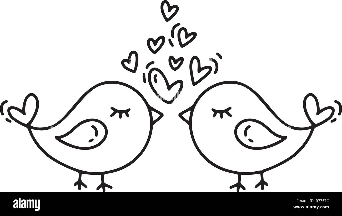 Vektor Monoline-versicherer zwei Vögel mit Herzen. Valentines Tag Hand gezeichnet. Ferienwohnung Skizze doodle Design plant Element valentine. liebe Dekor für Web-, Hochzeits- und Drucken. Isolierte Abbildung Stock Vektor