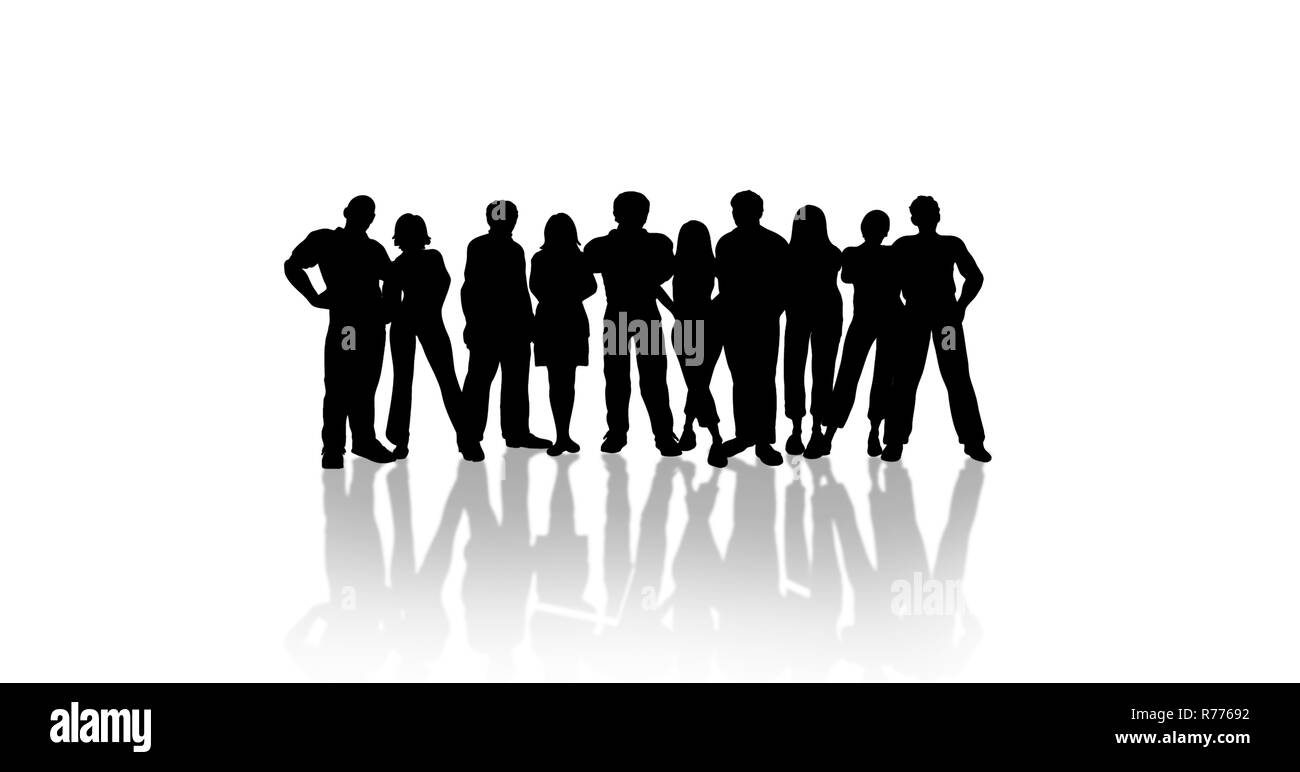 Gruppe von Menschen isoliert, Hintergrund schwarz weiß Stockfoto