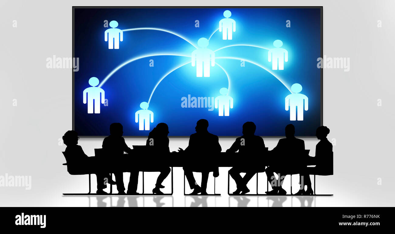 Verbinden Völker, Gruppe von Menschen in der Sitzung, großen Bildschirm Business Stockfoto