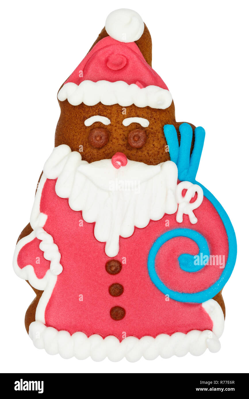 Weihnachtsmarkt Lebkuchen Weihnachtsmann essen Cookie auf weißem Hintergrund Stockfoto