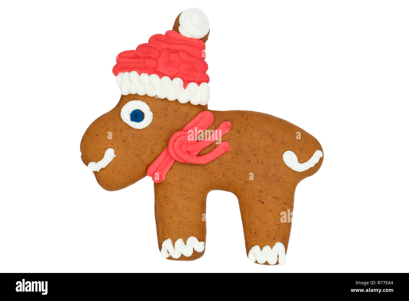 Weihnachtsmarkt Lebkuchen rentier Elch Elch essen Cookie auf weißem Hintergrund Stockfoto