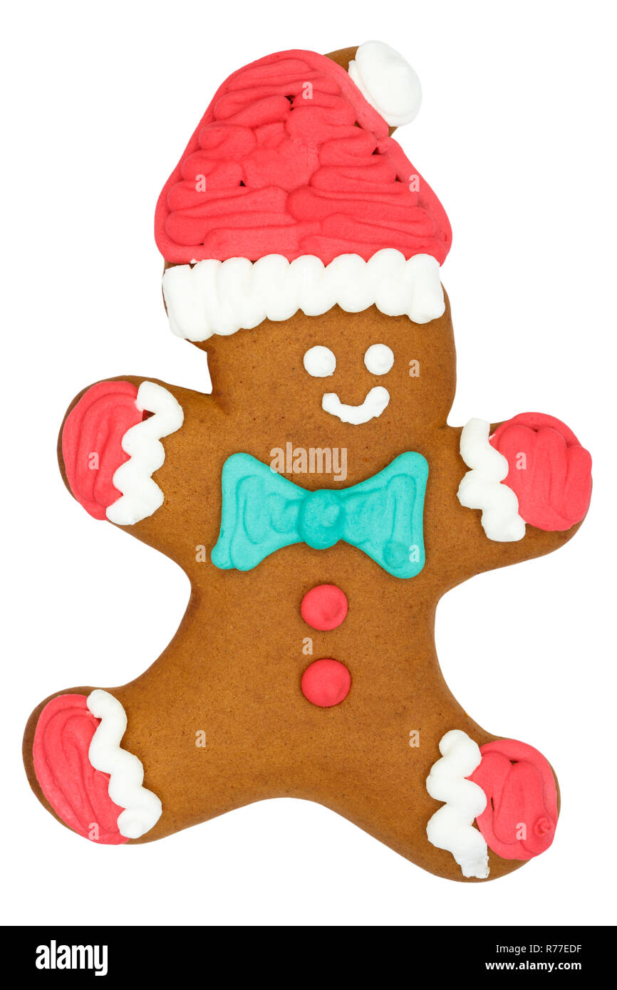 Weihnachtsmarkt Lebkuchen kleine Mann essen Cookie auf weißem Hintergrund Stockfoto