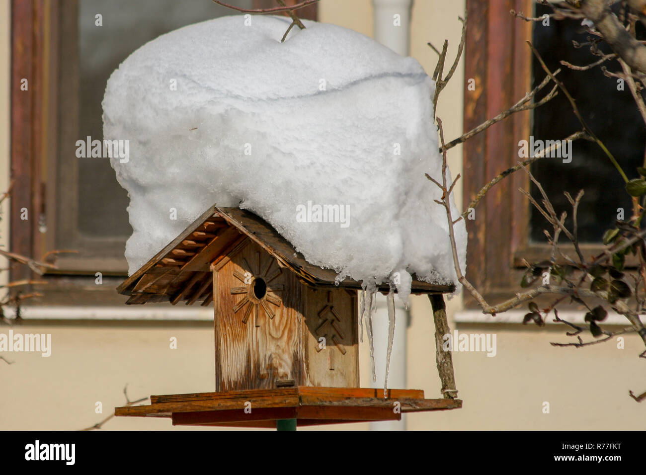 Vogelhaus und Schnee sieht aus wie ein Eis Stockfoto