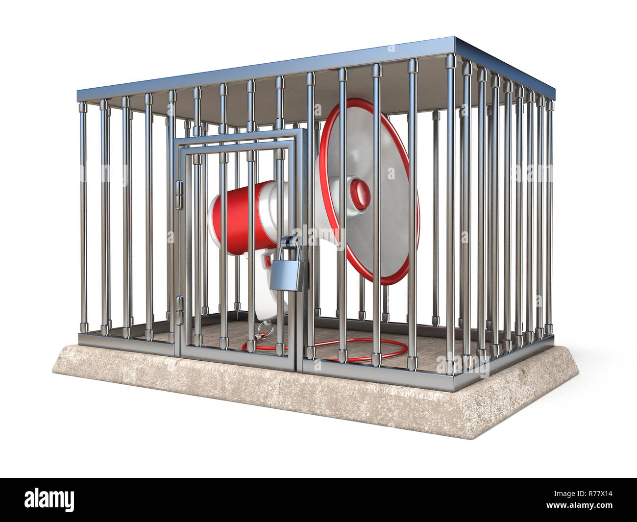 Megaphon im inneren Käfig aus Metall 3D-Render Abbildung auf weißem Hintergrund Stockfoto