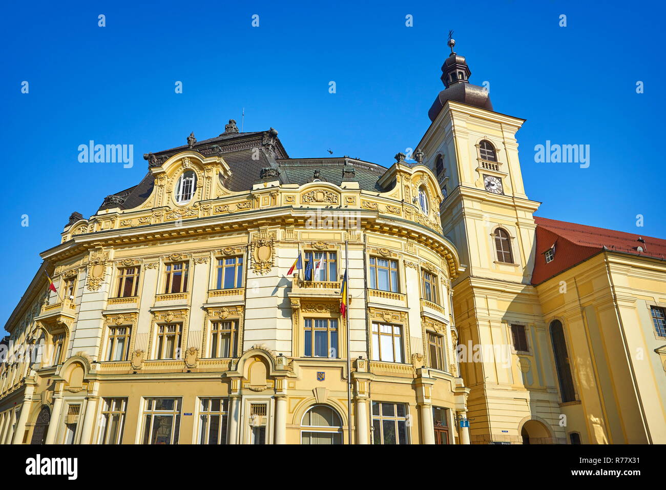 Rathaus in großen Platz, Sibiu, Siebenbürgen, Rumänien. Stockfoto