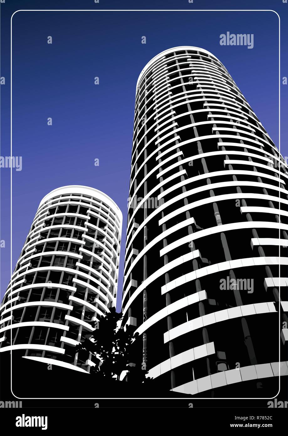 Schwarze und weiße Gebäude Silhouette am Himmel Hintergrund. Vector Illustration Stock Vektor