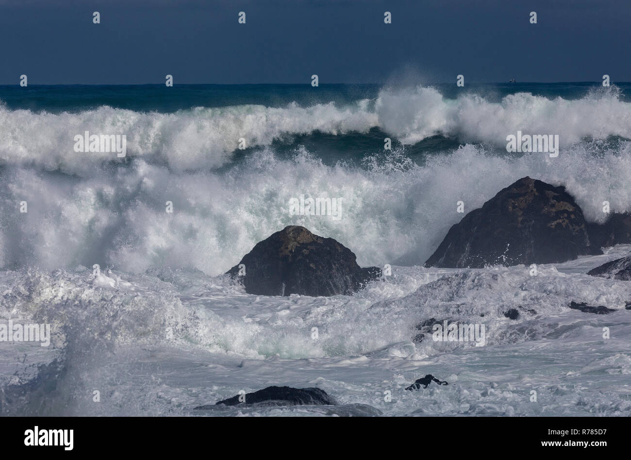 Atlantic Surf- und Leistungsschalter vor der Küste der Postberg Reserve, West Coast National Park, Südafrika. Stockfoto