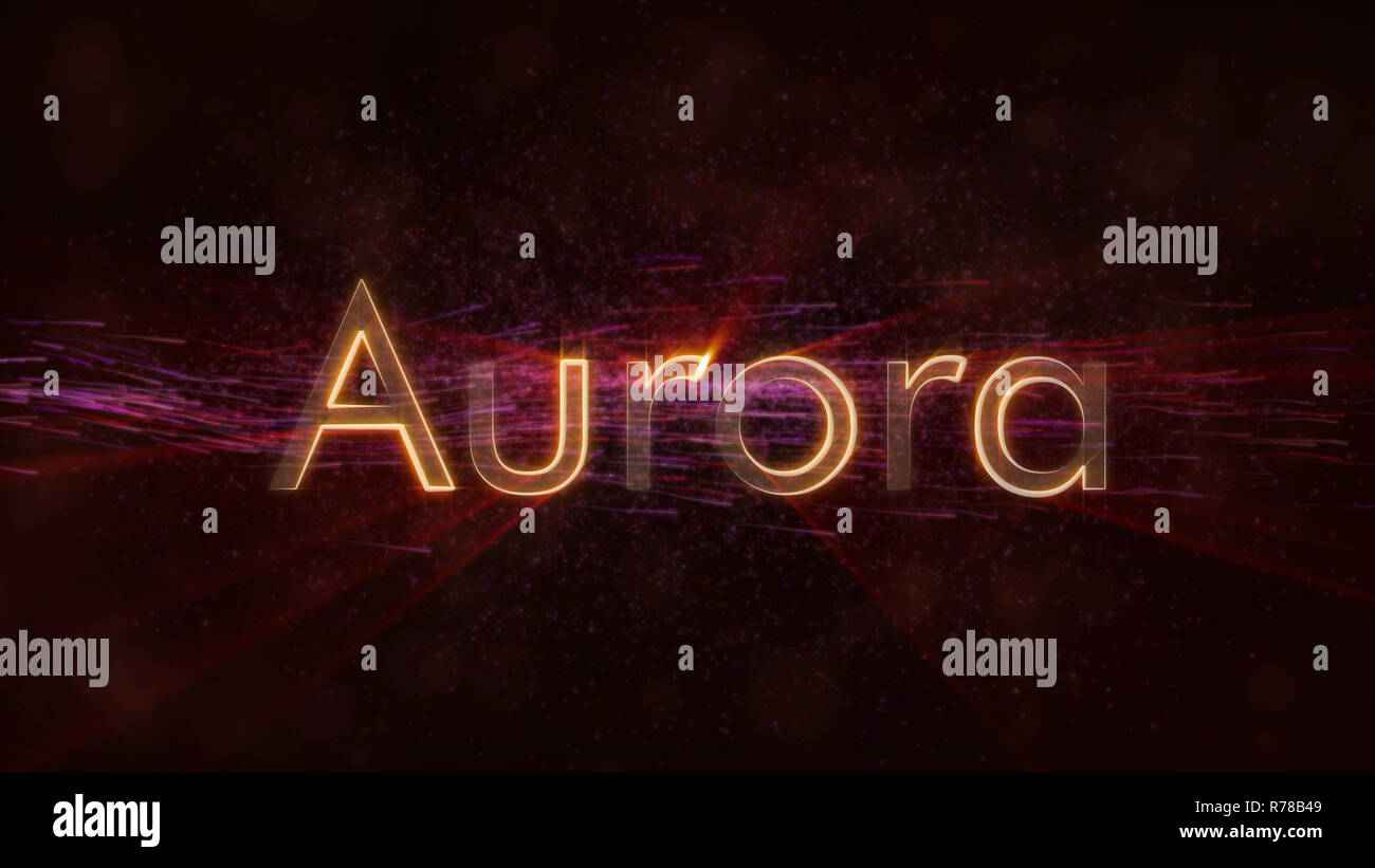 Aurora - United States City name text Animation - Glänzende strahlen Schleife am Rande der Text über einen Hintergrund mit wirbelnden und fließende Sterne Stockfoto