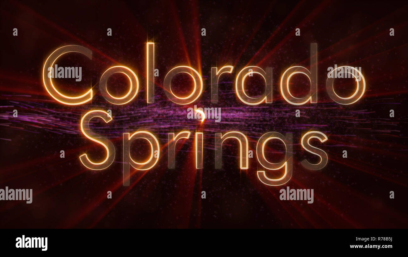 Colorado Springs - United States City name text Animation - Glänzende strahlen Schleife am Rande der Text über einen Hintergrund mit wirbelnden und fließende Sterne Stockfoto