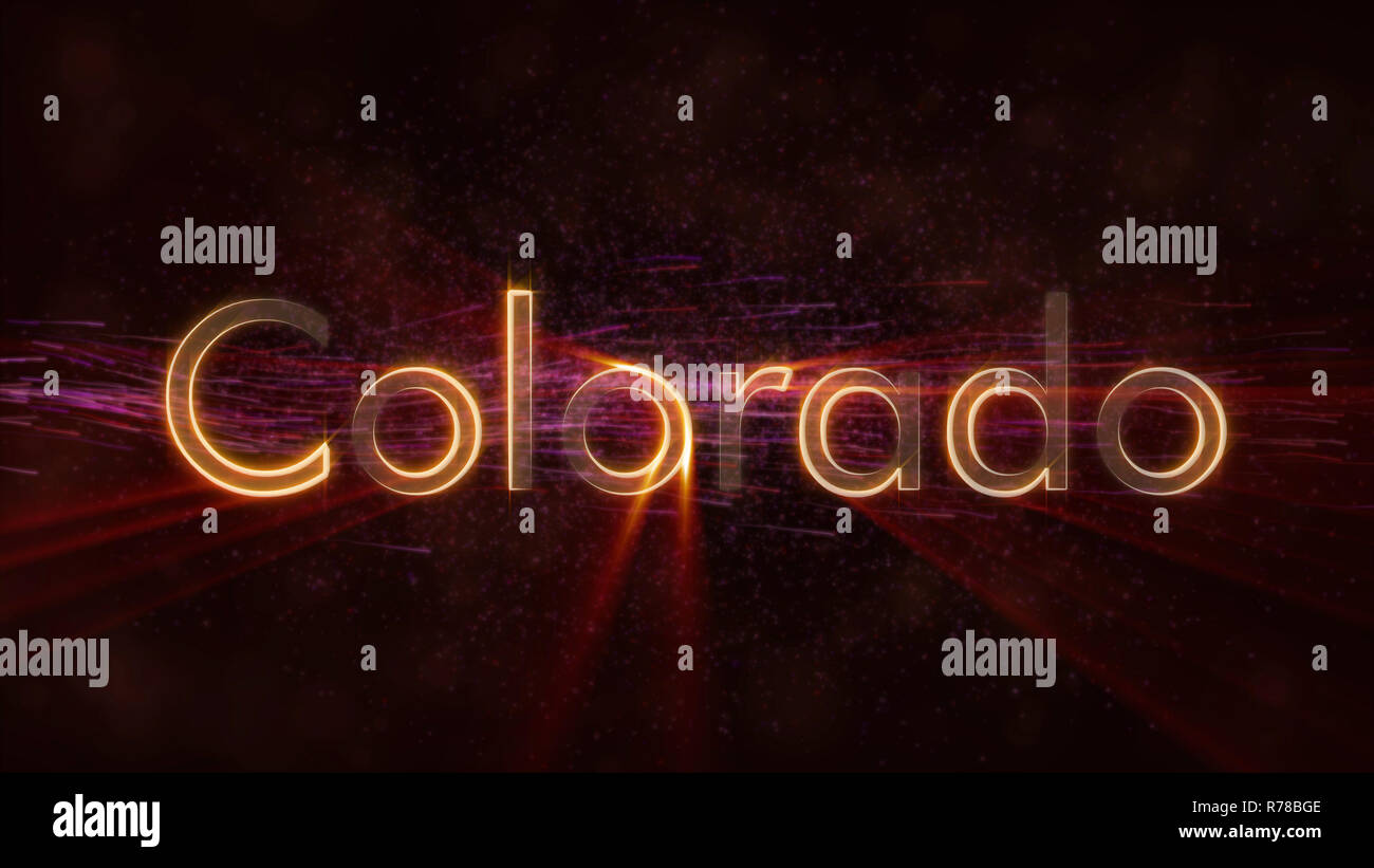 Colorado - Vereinigte Staaten Staat Name text Animation - Glänzende strahlen Schleife am Rande der Text über einen Hintergrund mit wirbelnden und fließende Sterne Stockfoto