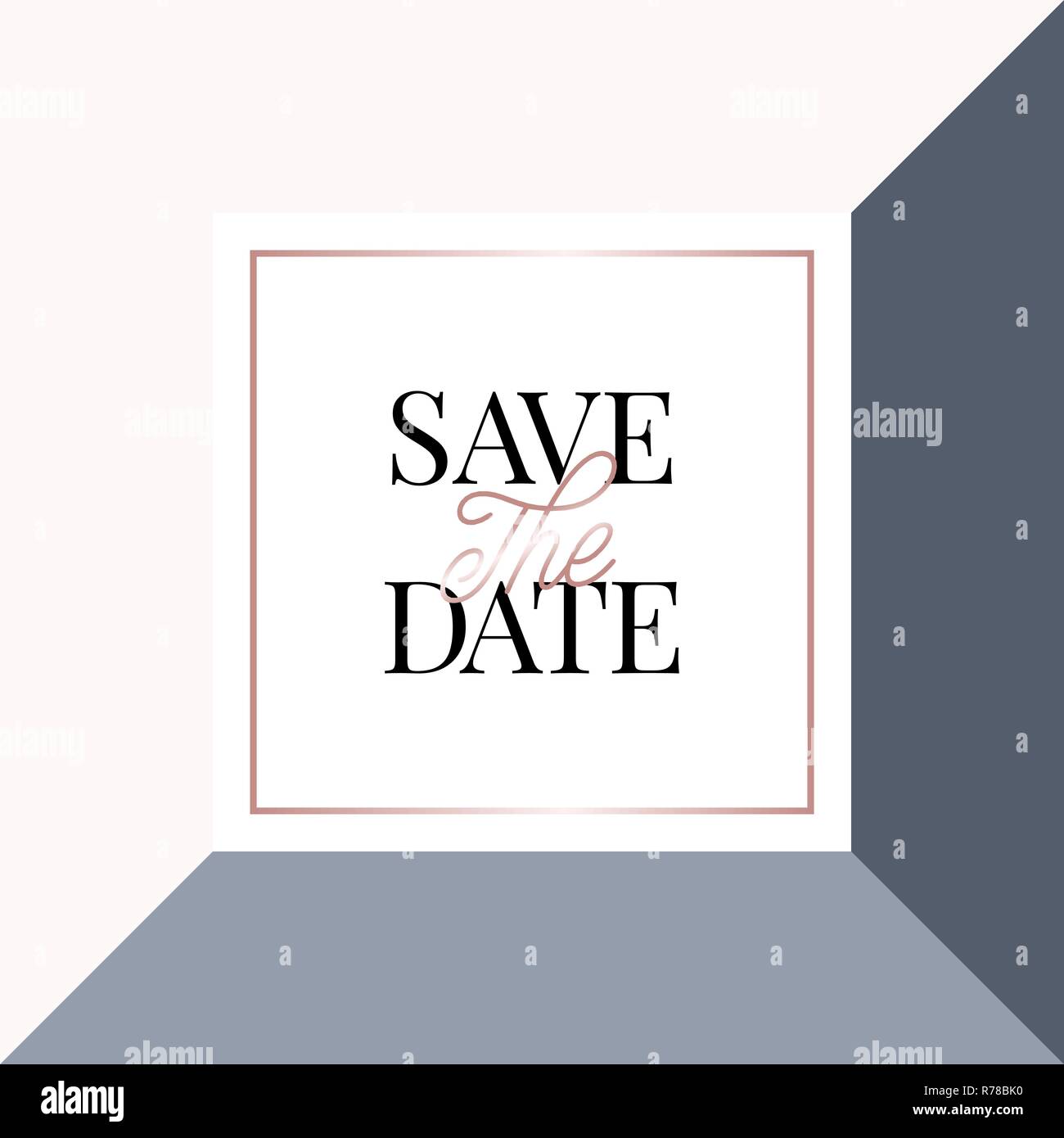 Speichern Sie die aktuelle Vorlage mit gerahmten Sample text Layout in Schwarz und Rose Gold auf geometrischen Hintergrund. Elegante und kreative Vektor square wedding Invita Stock Vektor