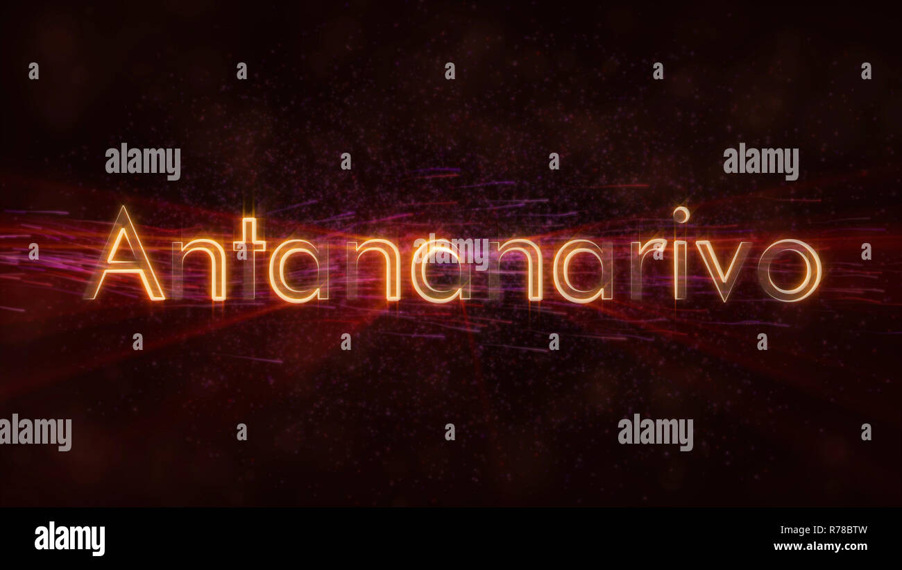 Antananarivo - Madagaskar city Name text Animation - Glänzende strahlen Schleife am Rande der Text über einen Hintergrund mit wirbelnden und fließende Sterne Stockfoto