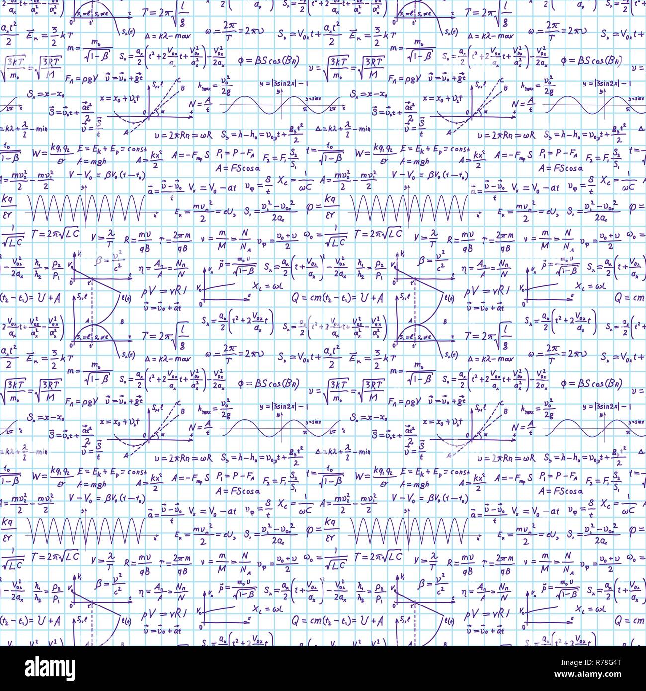 Eine Menge handgezeichnete komplizierte wissenschaftliche Formeln und Berechnungen auf Blatt mit quadratischen cyan Raster auf Weiß nahtlose Muster Stock Vektor