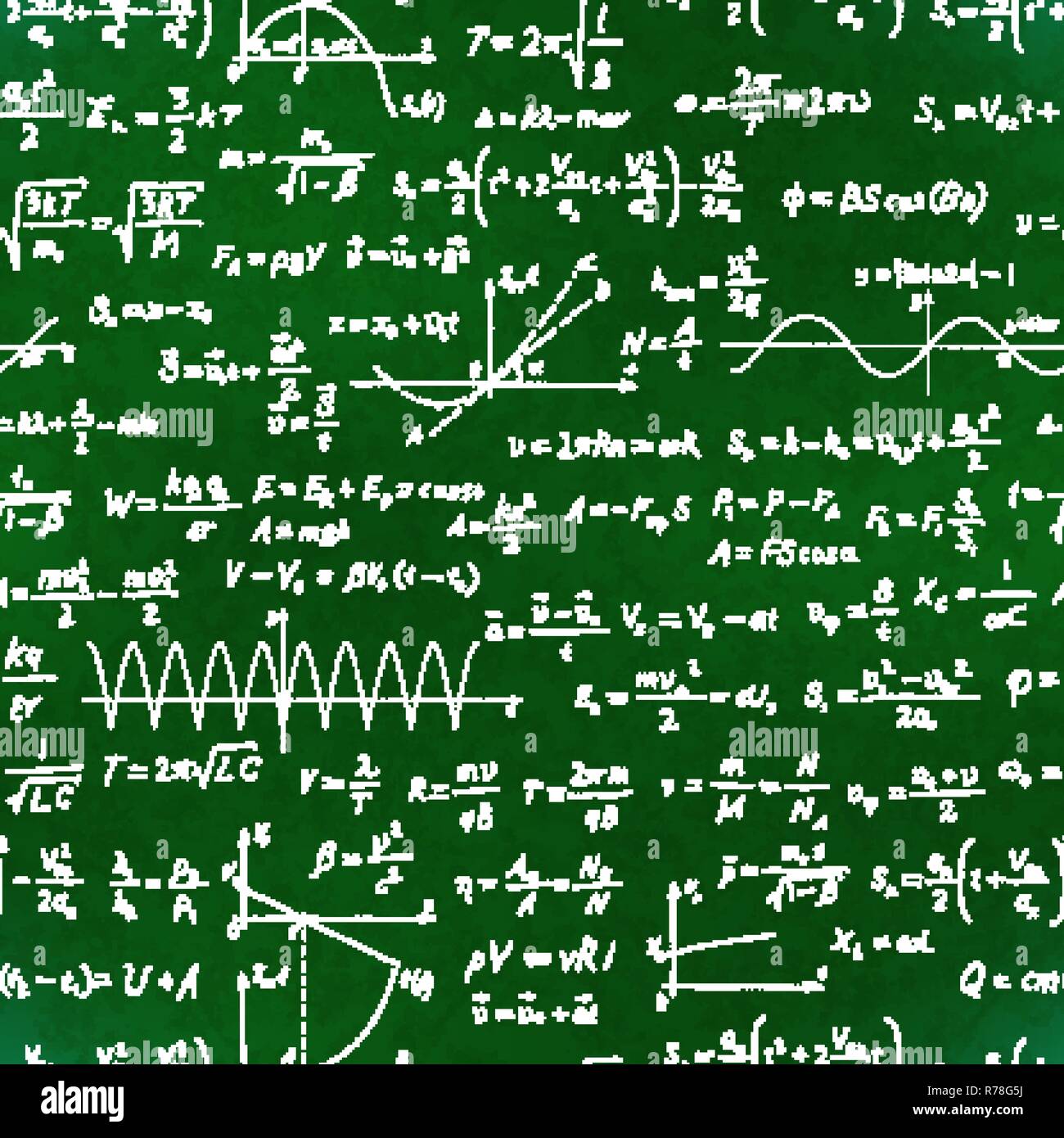 Eine Menge grundlegende mathematische Gleichungen und Formeln, weiße Kreide Schriftzug auf der Schule grüne Tafel nahtlose Muster Stock Vektor