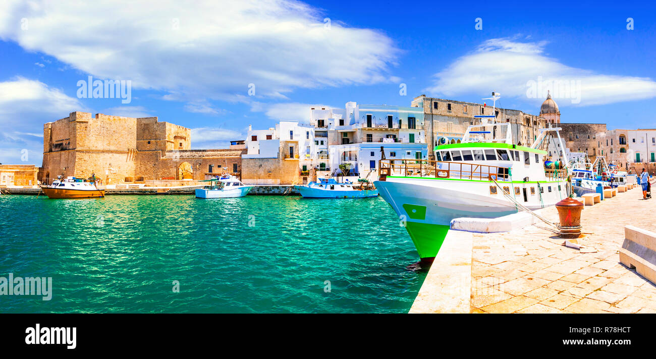 Die traditionellen weißen Häuser, das Meer und die Burg in Monopoli Stadt, Apulien, Italien. Stockfoto