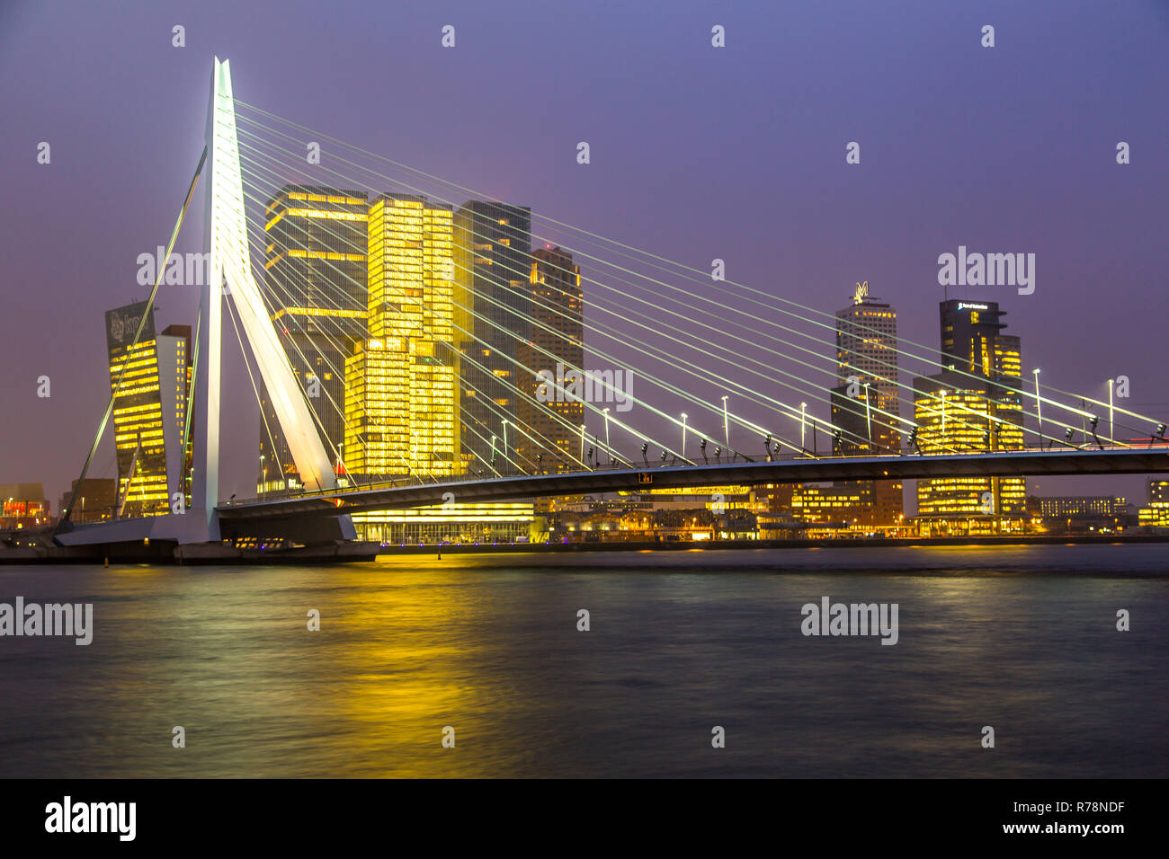 Skyline auf der Nieuwe Maas, Erasmus Brücke und Wolkenkratzer in den Kop van Zuid Viertel, Rotterdam, Holland Stockfoto