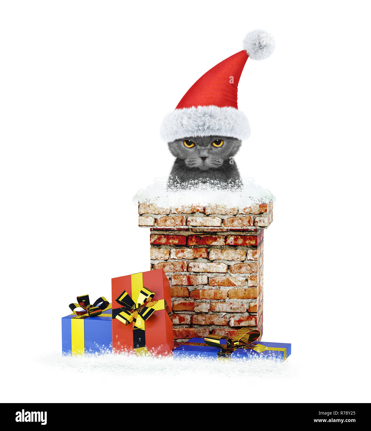 Santa Katze klettert aus Schornstein. Auf weissem Hintergrund Stockfoto