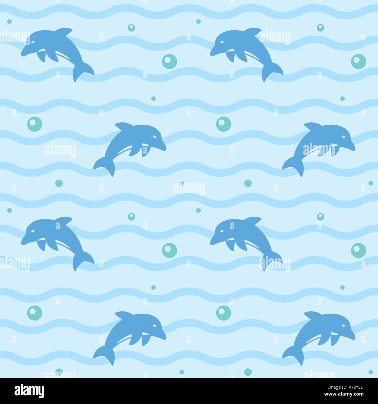 Nahtlose Hintergrundbilder Muster mit springenden Delphinen, Wellen und blasen Vector Illustration Stock Vektor