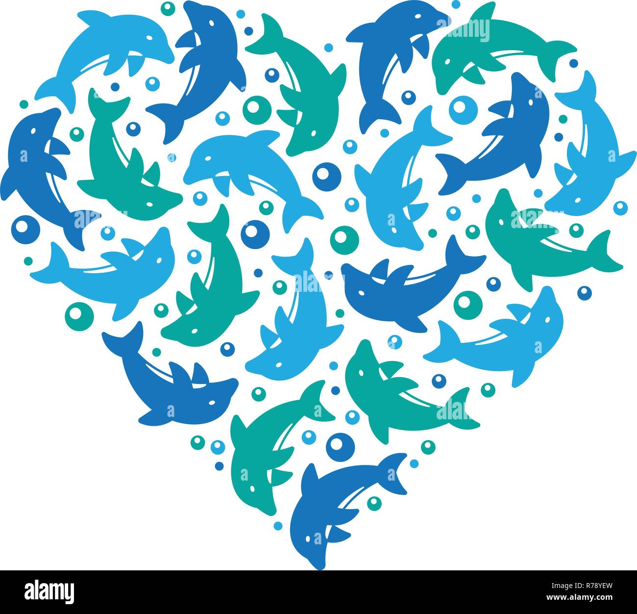 Herzform aus verspielten Delphin Schule macht Blasen Vector Illustration Stock Vektor