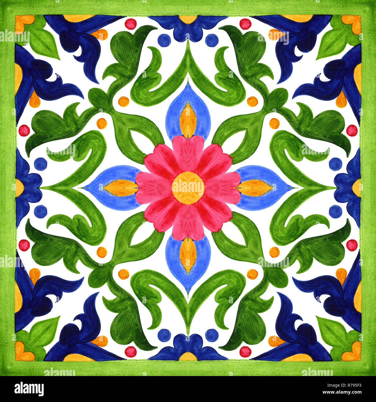 Portugiesische Azulejo Kacheln. Aquarell nahtlose Muster, druckt. Orientalische, Marokkanisch, geometrischen Motiven. Für die Verpackung von Kosmetika, Keramik, T-Sh geeignet Stockfoto