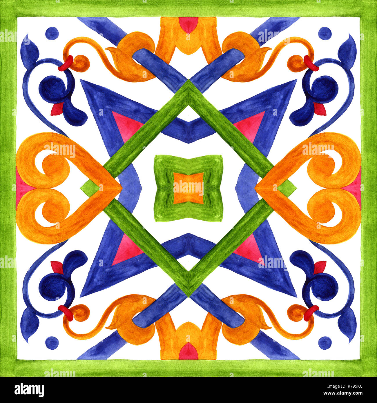 Portugiesische Azulejo Kacheln. Aquarell nahtlose Muster, druckt. Orientalische, Marokkanisch, geometrischen Motiven. Für die Verpackung von Kosmetika, Keramik, T-Sh geeignet Stockfoto